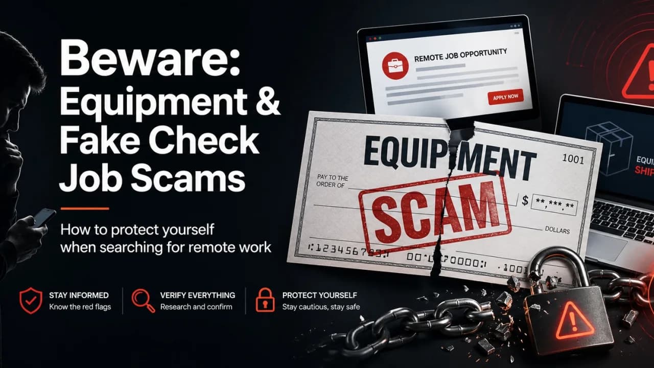 Warning cover image about equipment scam and fake check scam in remote hiring.