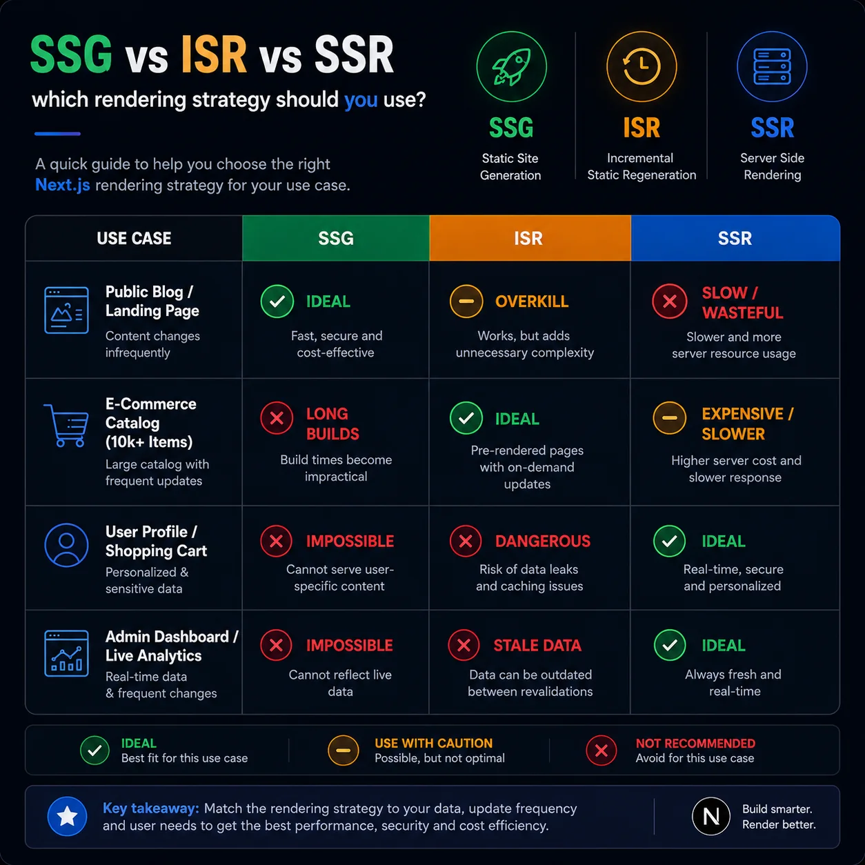 Comparison chart showing when to use SSG, ISR, and SSR for public pages, ecommerce catalogs, user profiles, and live dashboards.